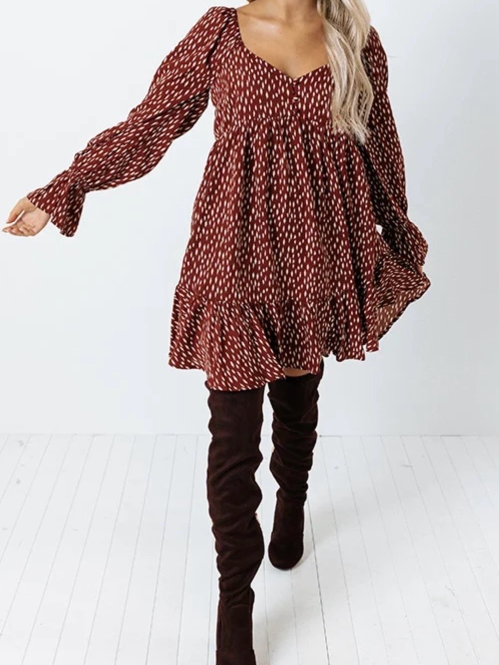Boho Rust Printed Long Sleeve Smocked Mini Dress